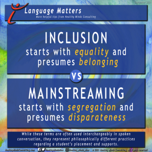 ID: Main text = Inclusion starts with equality and presumes belonging vs Mainstreaming starts with segregation and presumes disparateness. Small print = While these terms are often used interchangeably in spoken conversation, they represent philosophically different practices regarding a student's placement and supports. Background has a top layer in blues and an underlying layer with a multicolored swirl design, the writing is in white with yellow used on the words equality, belonging, segregation, disparateness, to emphasize these terms. Outlying text includes a Title = Language Matters, and a subtitle = More helpful tips from Healthy Minds Consulting; bottom row text includes website HealthyMindsConsulting.com, social media handles for Facebook and Twitter @HealthyMindsNow and Instagram @Healthy_Minds_Now, and the copyright symbol 2021 Healthy Minds Consulting, all rights reserved