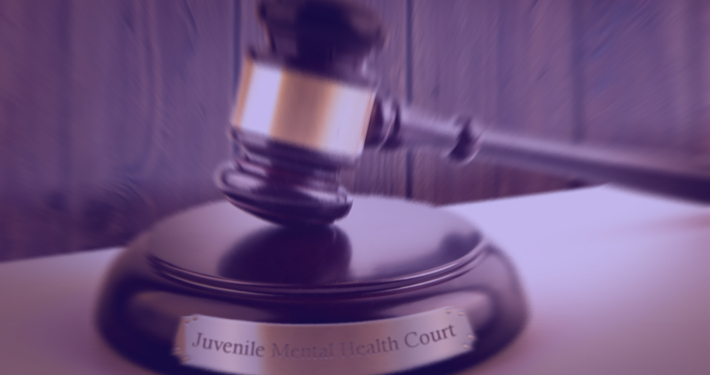 image of a judge's gavel resting on its podium on a desk with a placard on it that reads "Juvenile Mental Health Court". Behind the desk is a simple wood paneled wall. The entire image is somewhat blurred except for the placard, and there is a purple hue over the whole image. in the top corner is a copyright symbol and the words "2023 Healthy Minds Consulting, all rights reserved".