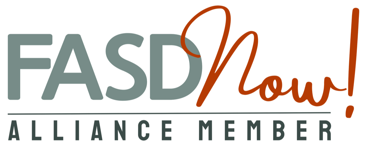 Logo for the FASD Now! Alliance. Grey text for FASD in bold letters, and Now! is in red cursive letters. Below this isa black bar and then the words Alliance Member. The background is white.