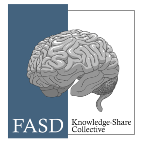 Logo for the FASD Knowledge-Share Collective, an illustration of a human brain in grey against a background of dull-blue and white with the text FASD Knowledge-Share Collective at the bottom.