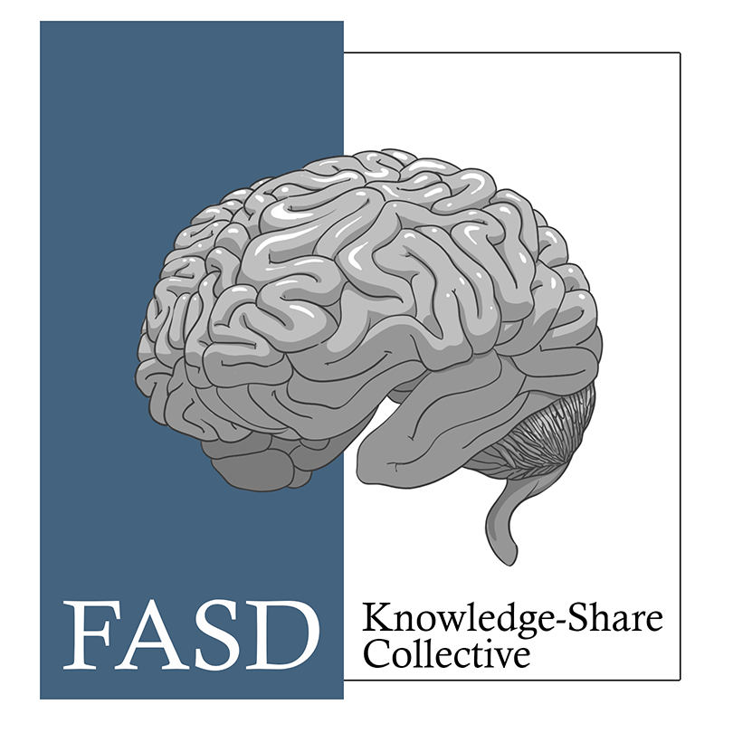 Logo for the FASD Knowledge-Share Collective, an illustration of a human brain in grey against a background of dull-blue and white with the text FASD Knowledge-Share Collective at the bottom.