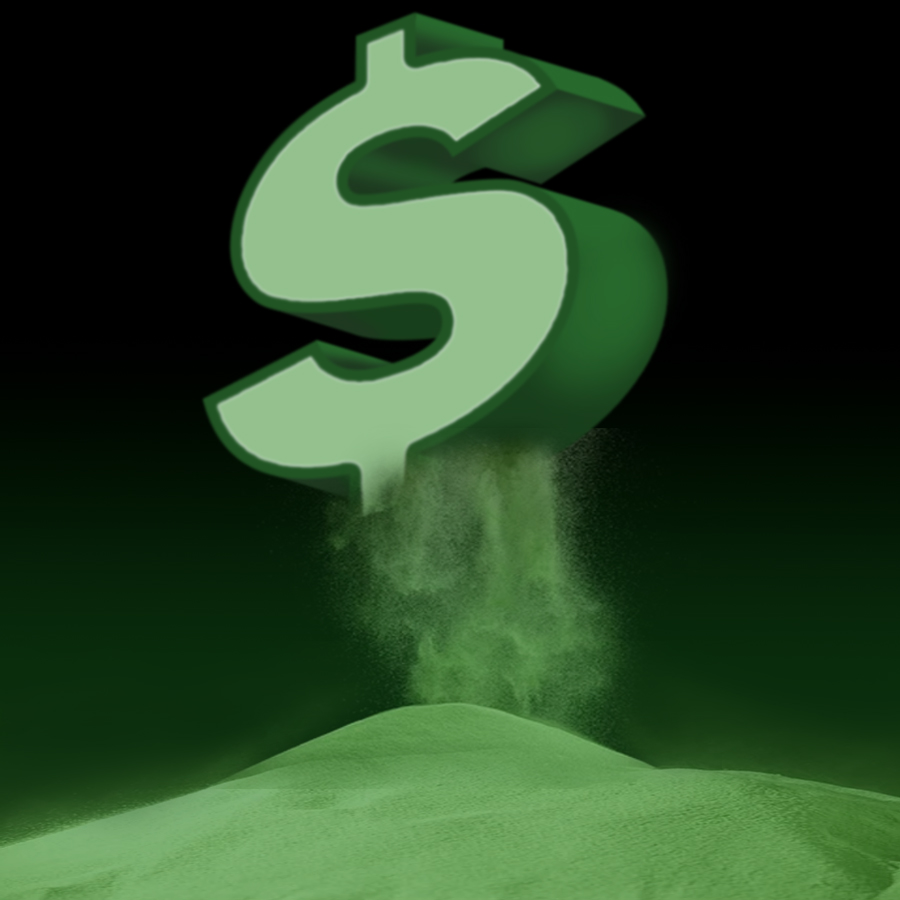 Image of a large green floating dollar sign, 3-dimensional, hovering over a pile of green sand. the dollar sign is dissolving into the sand, decomposing and falling to become the pile below it. the background is an undefined black space.