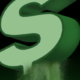 Image of a large green floating dollar sign, 3-dimensional, hovering in an undefined space. the dollar sign is dissolving into the sand, decomposing and falling to become the pile below it. the background is just an empty black space.