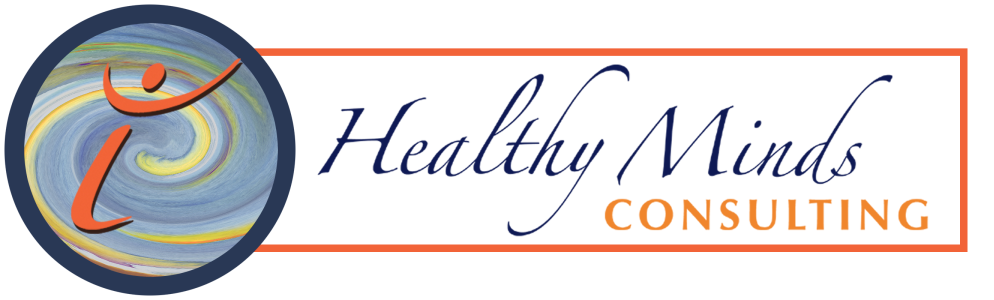 navigation logo for registration, login, and account pages for Healthy Minds Consulting. the left side is a dark blue ring with a color swirl inside that resembles a multi-colored wave, with a bright red-orange abstracted mark floating over the top resembling th action of a person with their arms up in celebration. to the right is a white rectangle with orange trim and the words Healthy Minds in a dark blue fancy script and the word Consulting in a basic semi-serif orange font.